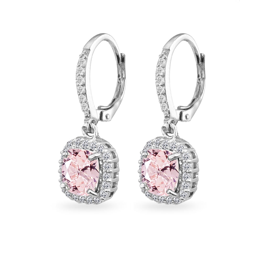Sterling Silver Created Morganite Cushion-Cut Dangle Halo Leverback Earrings with White Topaz Accents-2