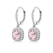 Sterling Silver Created Morganite Cushion-Cut Dangle Halo Leverback Earrings with White Topaz Accents