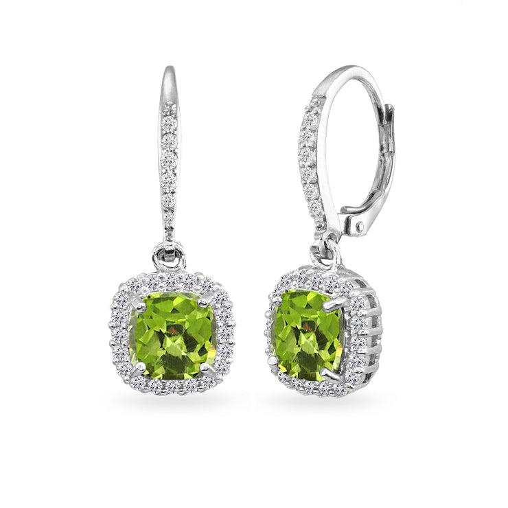 Sterling Silver Peridot Cushion-Cut Dangle Halo Leverback Earrings with White Topaz Accents