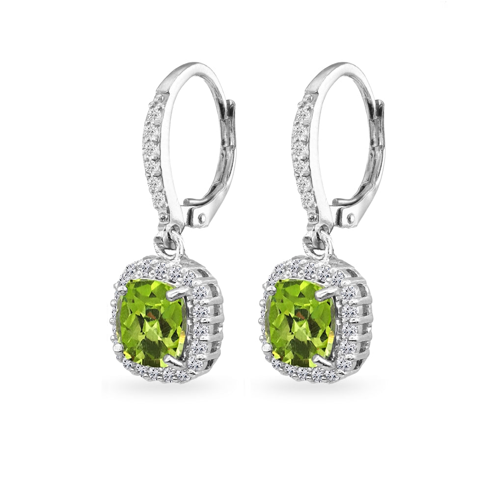 Sterling Silver Peridot Cushion-Cut Dangle Halo Leverback Earrings with White Topaz Accents-2
