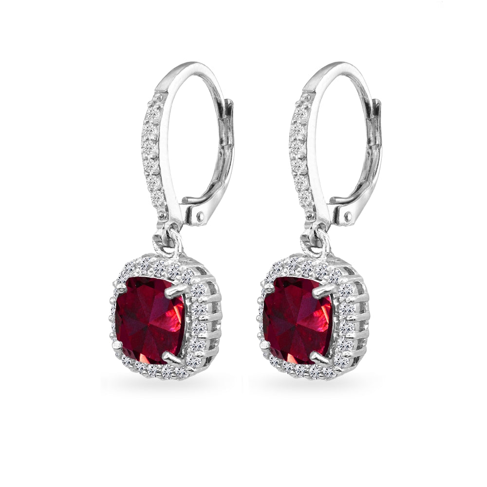 Sterling Silver Created Ruby Cushion-Cut Dangle Halo Leverback Earrings with White Topaz Accents-2