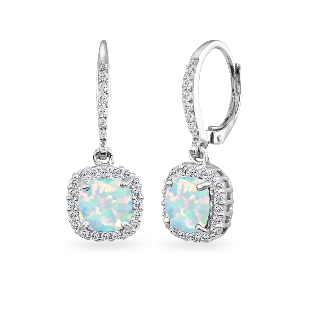 Sterling Silver Created Opal Cushion-Cut Dangle Halo Leverback Earrings with White Topaz Accents