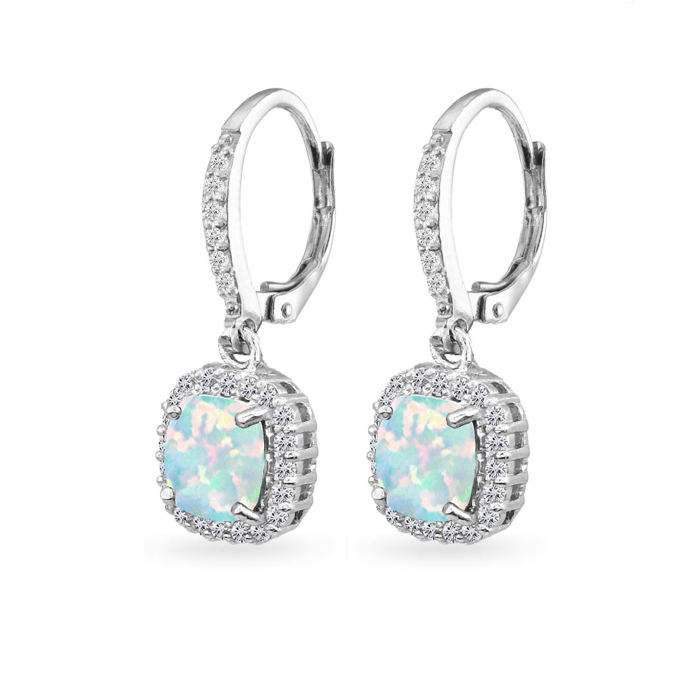 Sterling Silver Created Opal Cushion-Cut Dangle Halo Leverback Earrings with White Topaz Accents-2