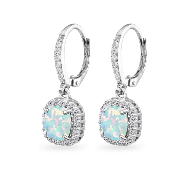 Sterling Silver Created Opal Cushion-Cut Dangle Halo Leverback Earrings with White Topaz Accents