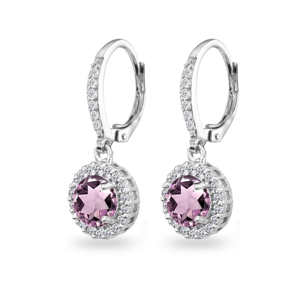 Sterling Silver Created Alexandrite Round Dangle Halo Leverback Earrings with White Topaz Accents-2