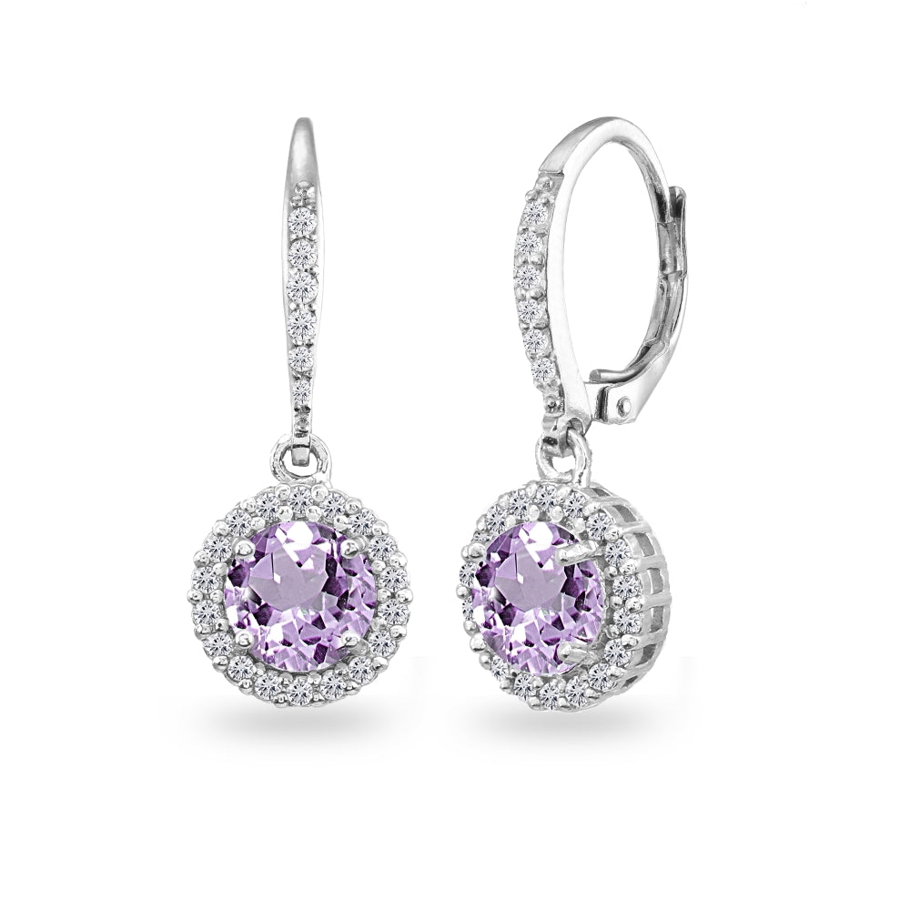 Sterling Silver Amethyst Round Dangle Halo Leverback Earrings with White Topaz Accents