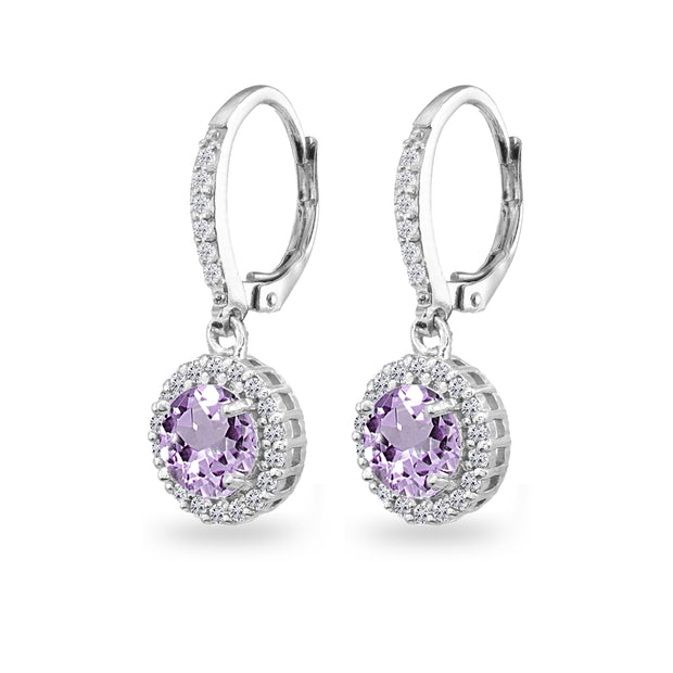 Sterling Silver Amethyst Round Dangle Halo Leverback Earrings with White Topaz Accents