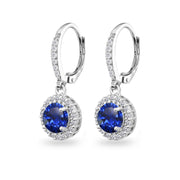 Sterling Silver Created Blue Sapphire Round Dangle Halo Leverback Earrings with White Topaz Accents