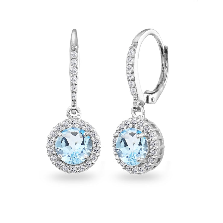 Sterling Silver Blue Topaz Round Dangle Halo Leverback Earrings with White Topaz Accents