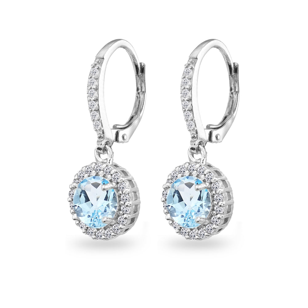 Sterling Silver Blue Topaz Round Dangle Halo Leverback Earrings with White Topaz Accents-2