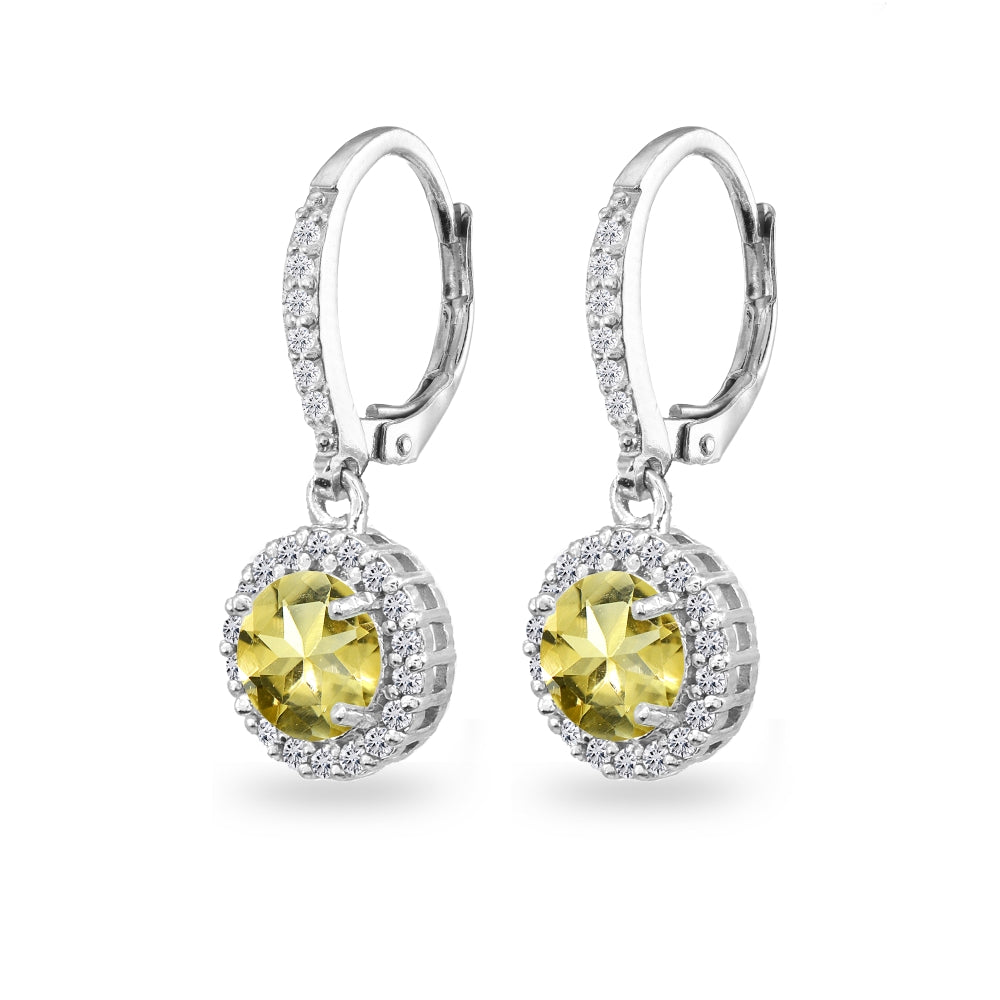 Sterling Silver Citrine Round Dangle Halo Leverback Earrings with White Topaz Accents-2