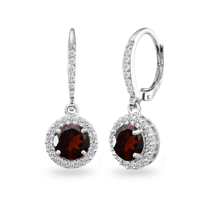 Sterling Silver Garnet Round Dangle Halo Leverback Earrings with White Topaz Accents