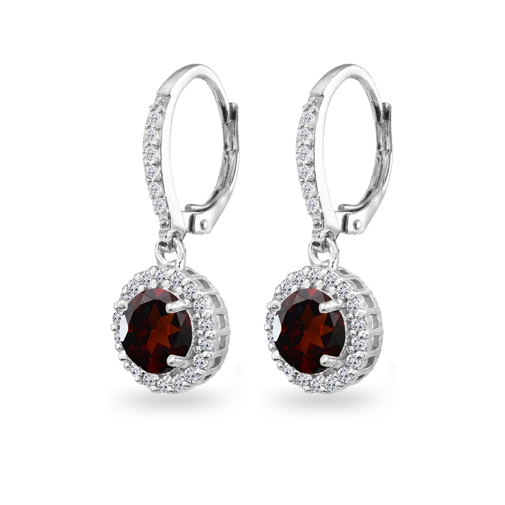 Sterling Silver Garnet Round Dangle Halo Leverback Earrings with White Topaz Accents-2