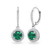 Sterling Silver Created Emerald Round Dangle Halo Leverback Earrings with White Topaz Accents