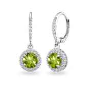 Sterling Silver Peridot Round Dangle Halo Leverback Earrings with White Topaz Accents