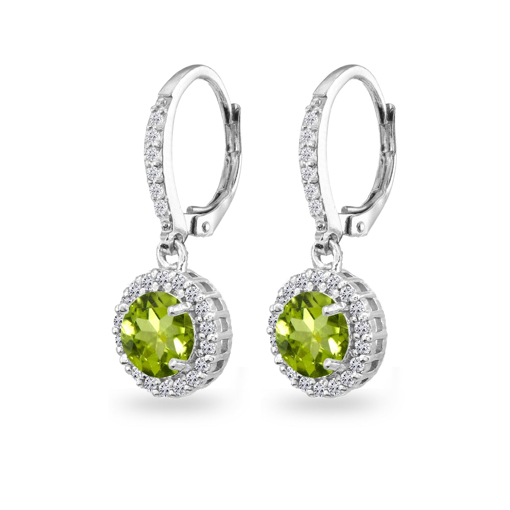 Sterling Silver Peridot Round Dangle Halo Leverback Earrings with White Topaz Accents-2