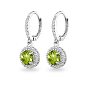 Sterling Silver Peridot Round Dangle Halo Leverback Earrings with White Topaz Accents