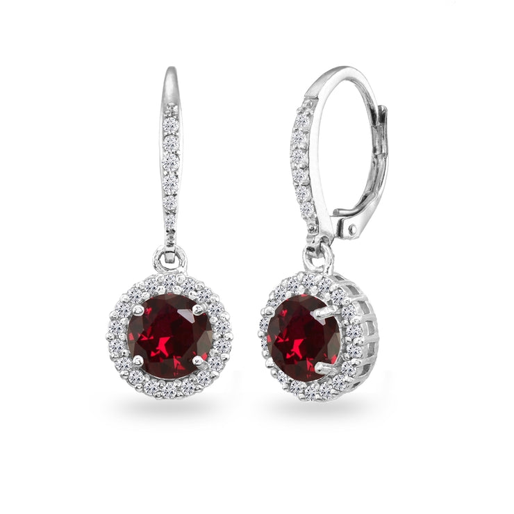 Sterling Silver Created Ruby Round Dangle Halo Leverback Earrings with White Topaz Accents