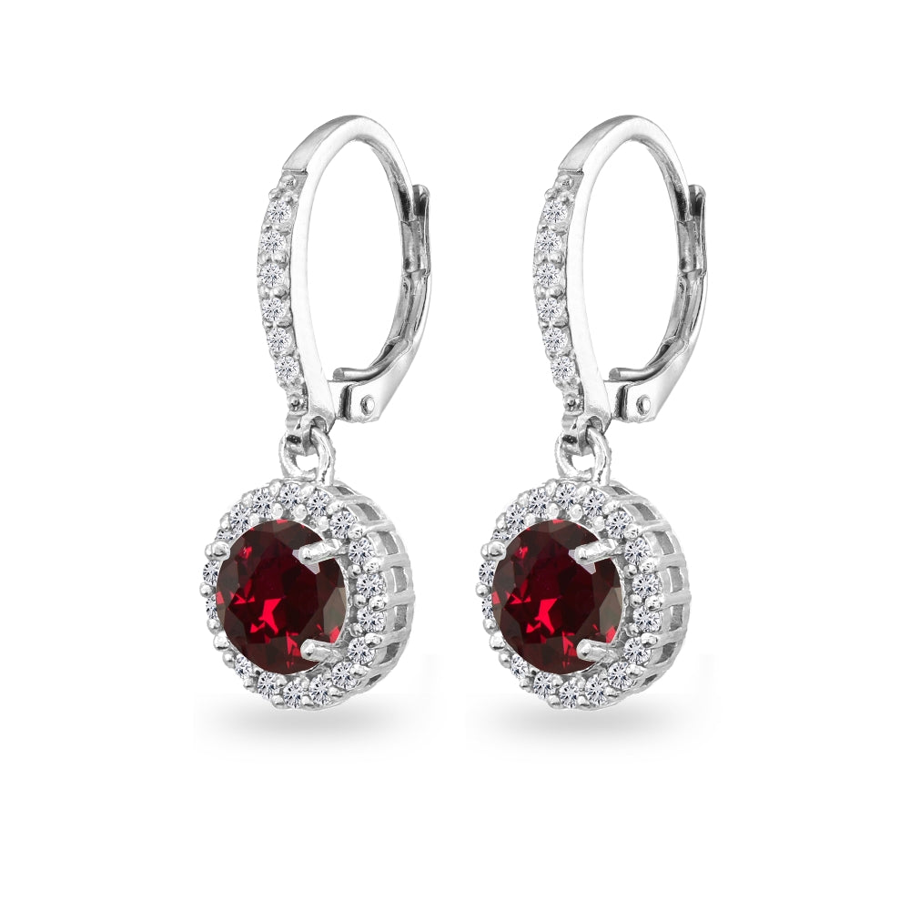 Sterling Silver Created Ruby Round Dangle Halo Leverback Earrings with White Topaz Accents-2