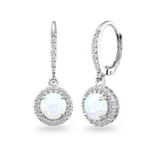 Sterling Silver Created Opal Round Dangle Halo Leverback Earrings with White Topaz Accents