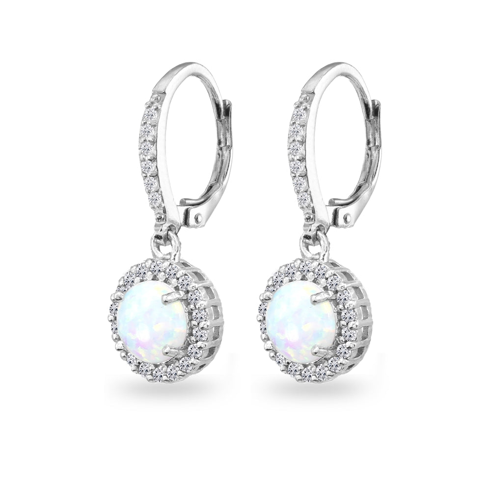Sterling Silver Created Opal Round Dangle Halo Leverback Earrings with White Topaz Accents-2