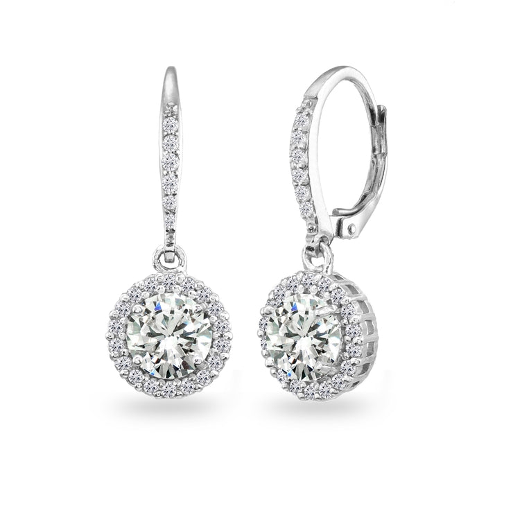 Sterling Silver Cubic Zirconia Round Dangle Halo Leverback Earrings