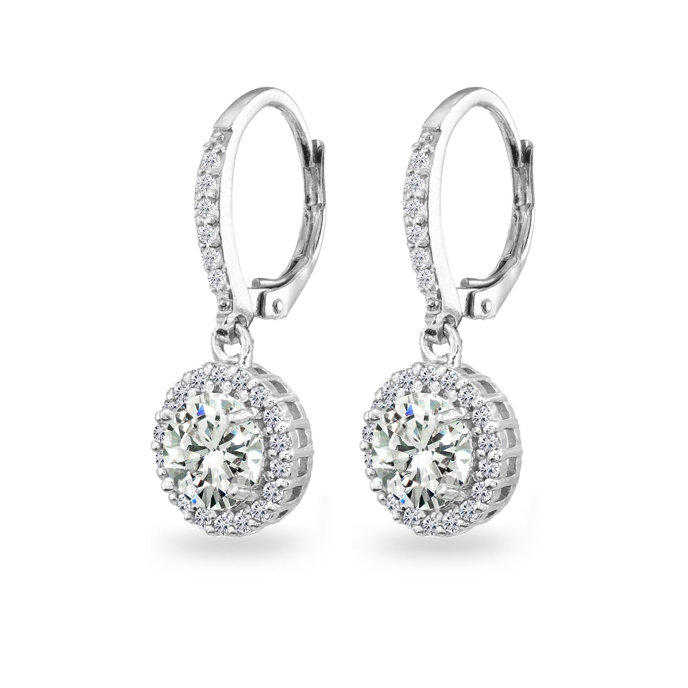 Sterling Silver Cubic Zirconia Round Dangle Halo Leverback Earrings-2