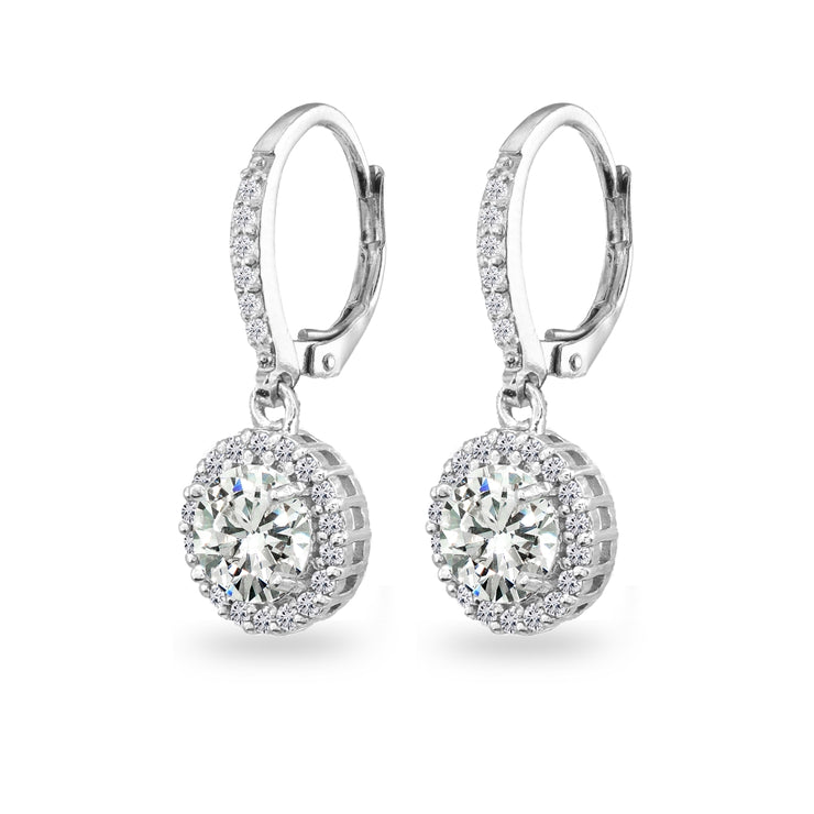 Sterling Silver Cubic Zirconia Round Dangle Halo Leverback Earrings