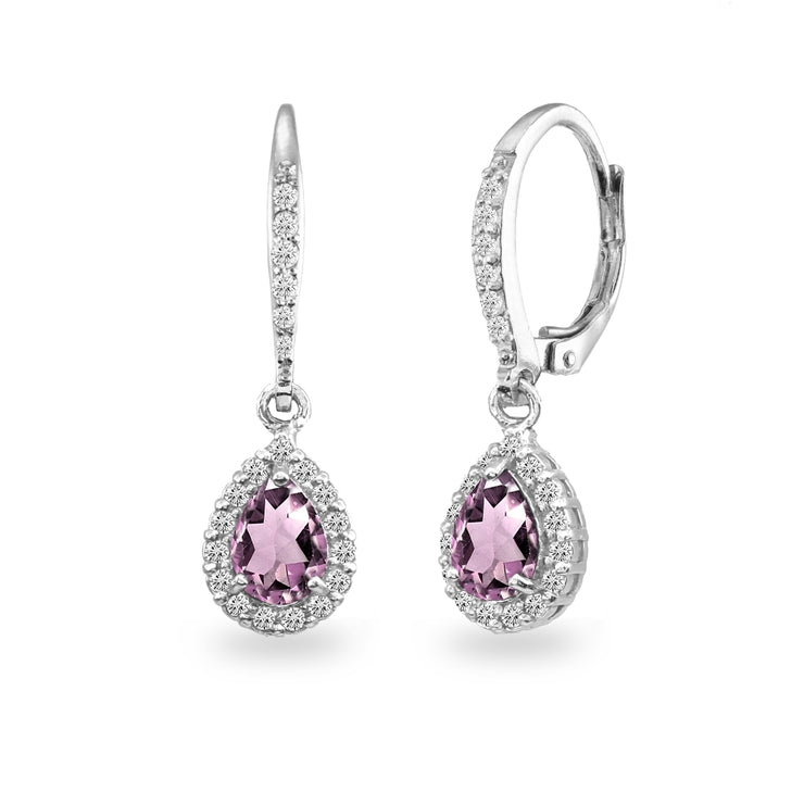 Sterling Silver Created Alexandrite Teardrop Dangle Halo Leverback Earrings with White Topaz Accents