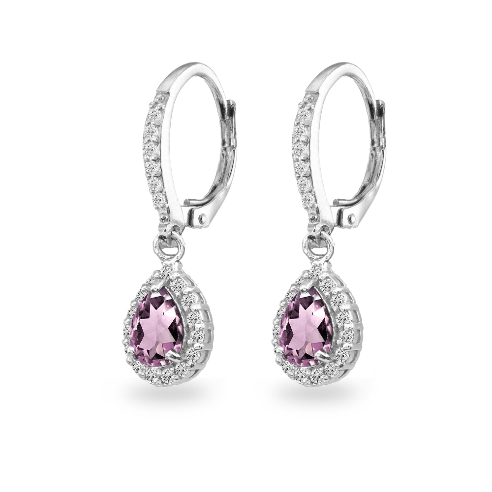 Sterling Silver Created Alexandrite Teardrop Dangle Halo Leverback Earrings with White Topaz Accents-2
