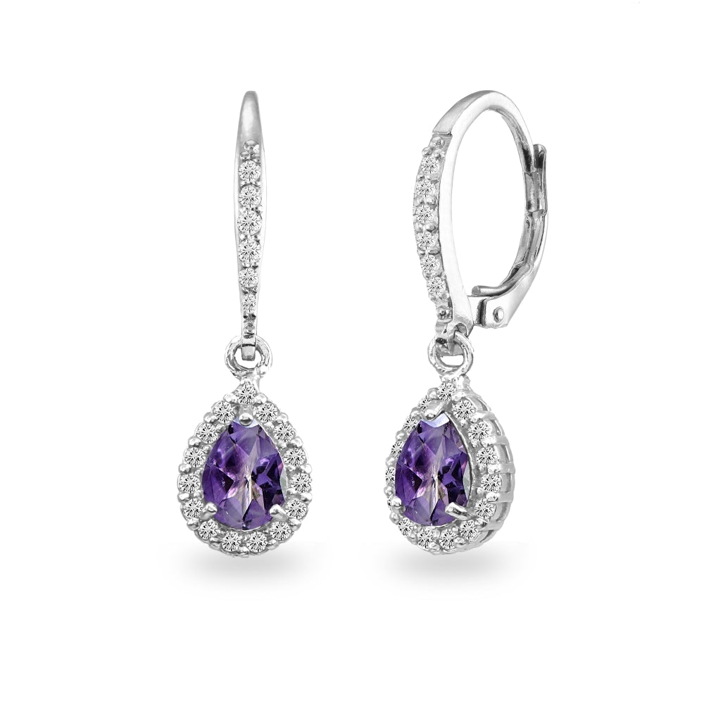 Sterling Silver Amethyst Teardrop Dangle Halo Leverback Earrings with White Topaz Accents