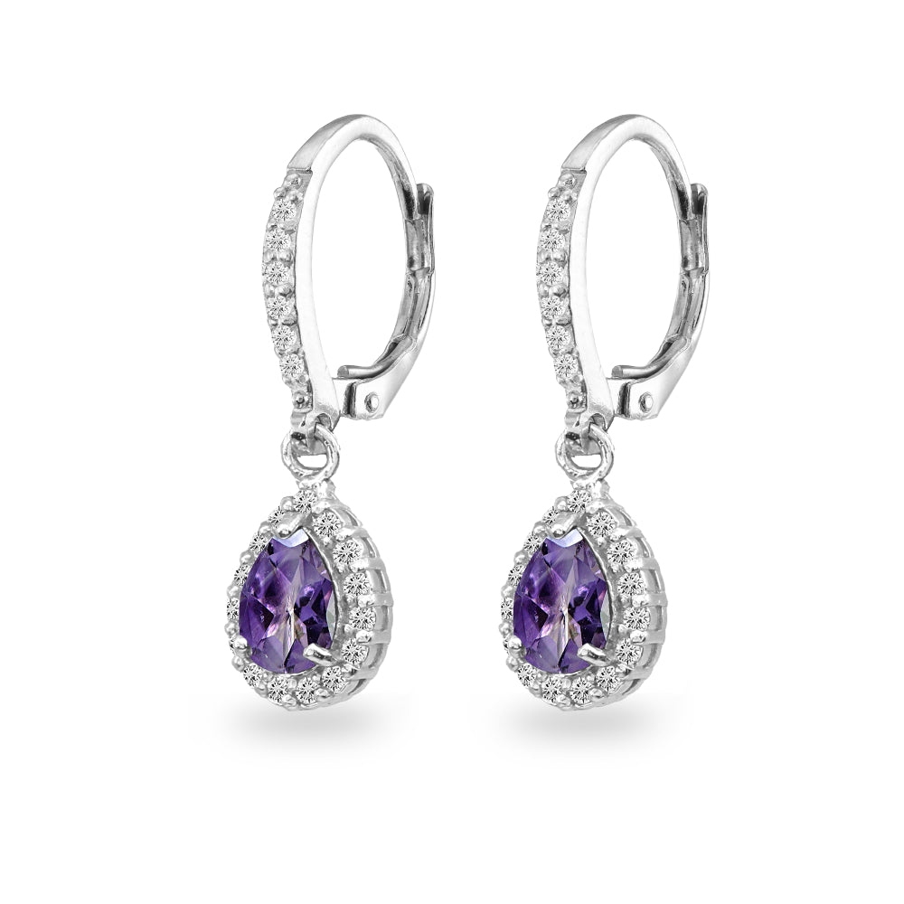 Sterling Silver Amethyst Teardrop Dangle Halo Leverback Earrings with White Topaz Accents-2