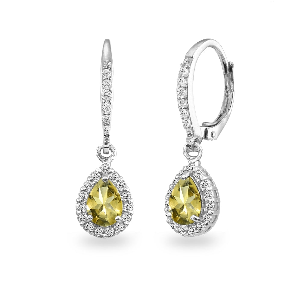 Sterling Silver Citrine Teardrop Dangle Halo Leverback Earrings with White Topaz Accents