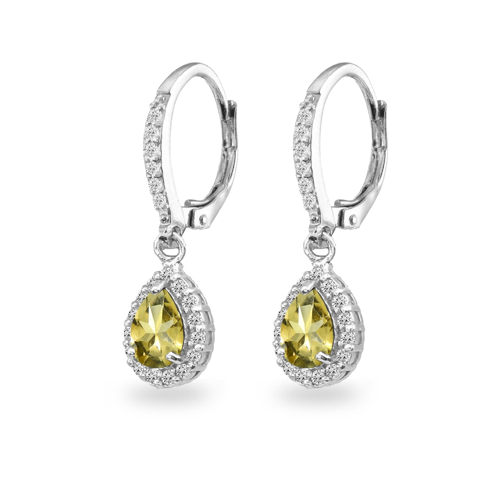 Sterling Silver Citrine Teardrop Dangle Halo Leverback Earrings with White Topaz Accents-2