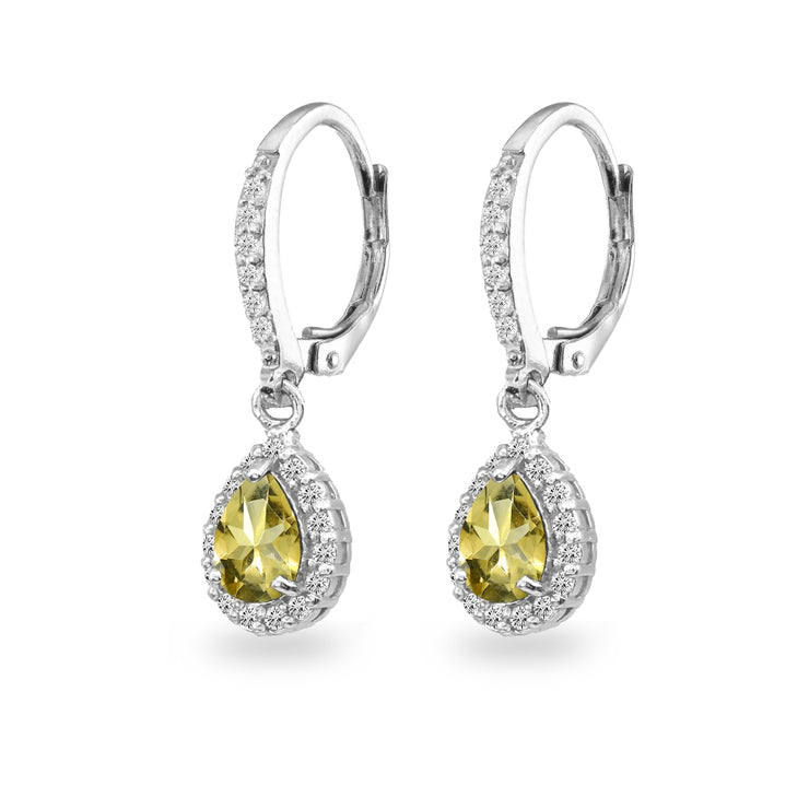 Sterling Silver Citrine Teardrop Dangle Halo Leverback Earrings with White Topaz Accents