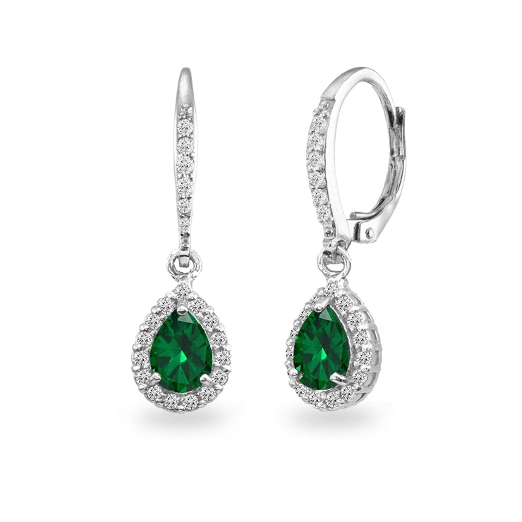 Sterling Silver Simulated Emerald Teardrop Dangle Halo Leverback Earrings with White Topaz Accents