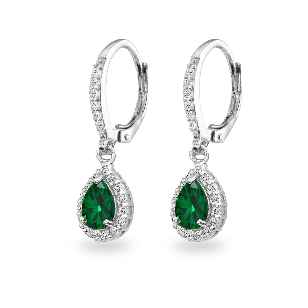 Sterling Silver Simulated Emerald Teardrop Dangle Halo Leverback Earrings with White Topaz Accents-2