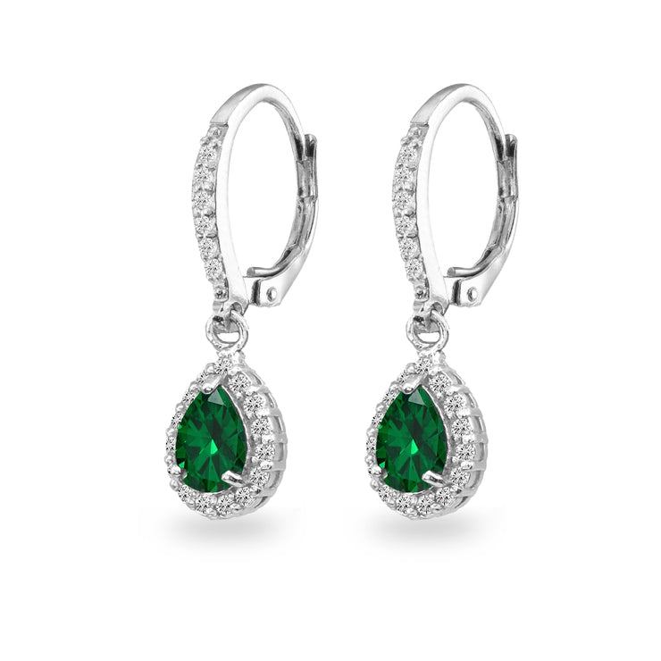 Sterling Silver Simulated Emerald Teardrop Dangle Halo Leverback Earrings with White Topaz Accents