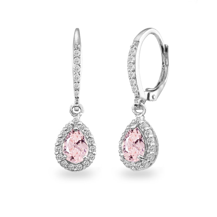 Sterling Silver Created Morganite Teardrop Dangle Halo Leverback Earrings with White Topaz Accents