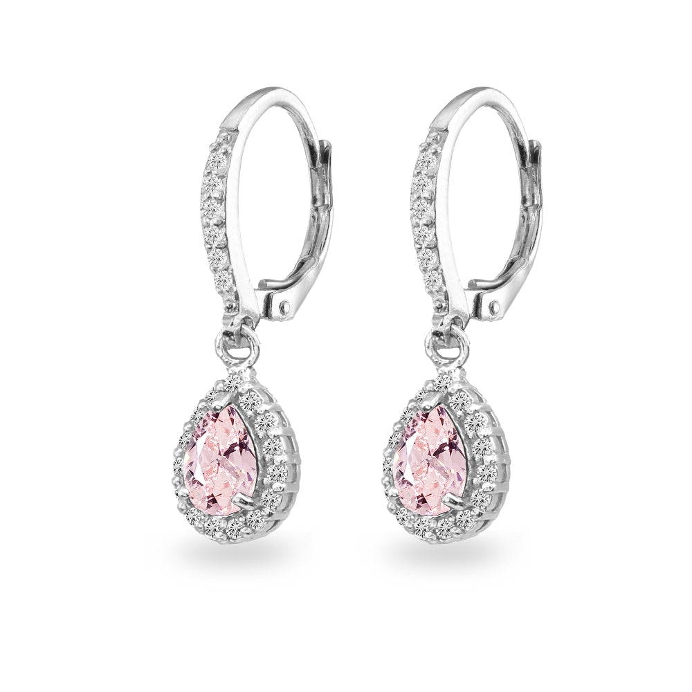 Sterling Silver Created Morganite Teardrop Dangle Halo Leverback Earrings with White Topaz Accents-2
