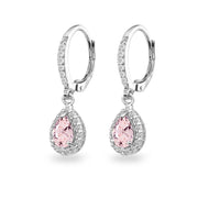 Sterling Silver Created Morganite Teardrop Dangle Halo Leverback Earrings with White Topaz Accents