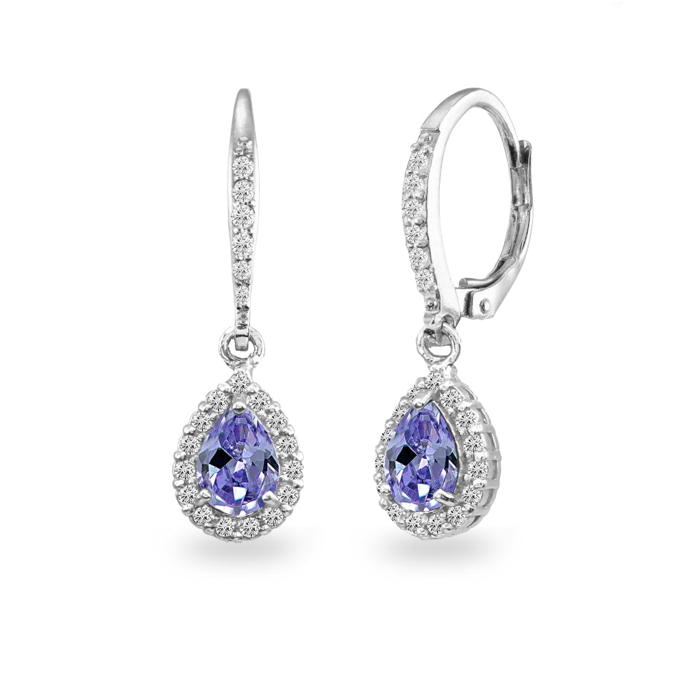 Sterling Silver Created Tanzanite Teardrop Dangle Halo Leverback Earrings with White Topaz Accents