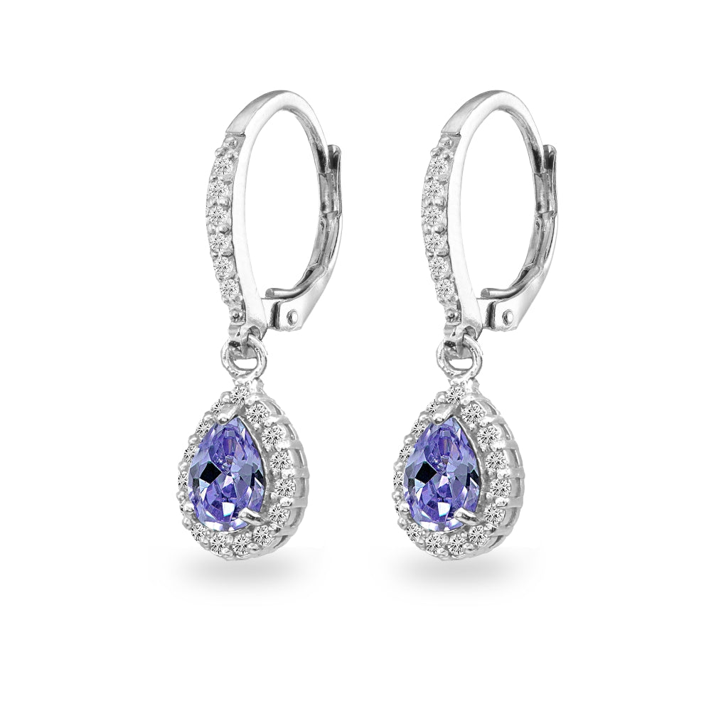 Sterling Silver Created Tanzanite Teardrop Dangle Halo Leverback Earrings with White Topaz Accents-2