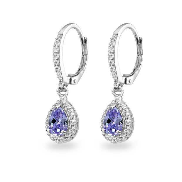 Sterling Silver Created Tanzanite Teardrop Dangle Halo Leverback Earrings with White Topaz Accents