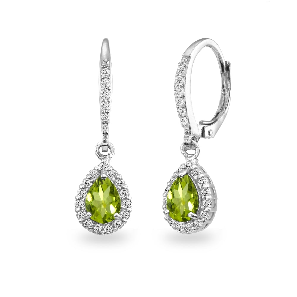 Sterling Silver Peridot Teardrop Dangle Halo Leverback Earrings with White Topaz Accents