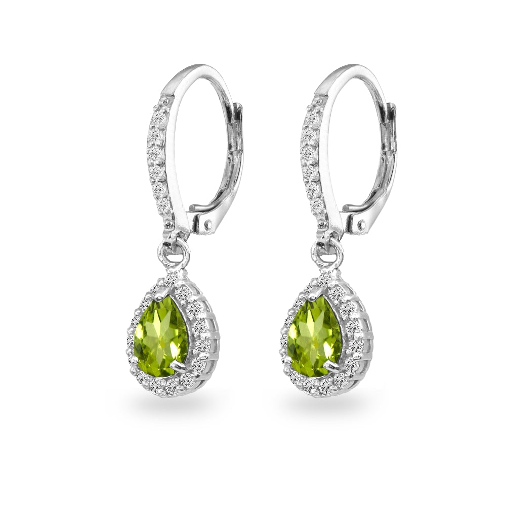 Sterling Silver Peridot Teardrop Dangle Halo Leverback Earrings with White Topaz Accents-2