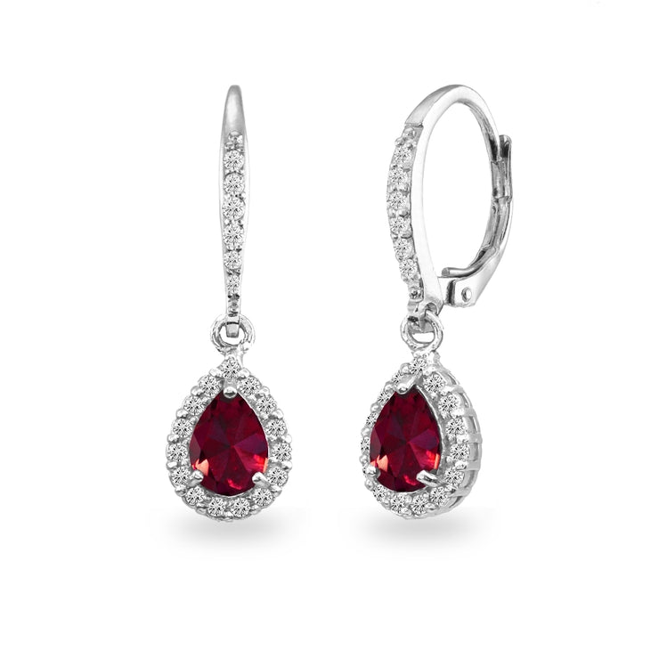Sterling Silver Created Ruby Teardrop Dangle Halo Leverback Earrings with White Topaz Accents