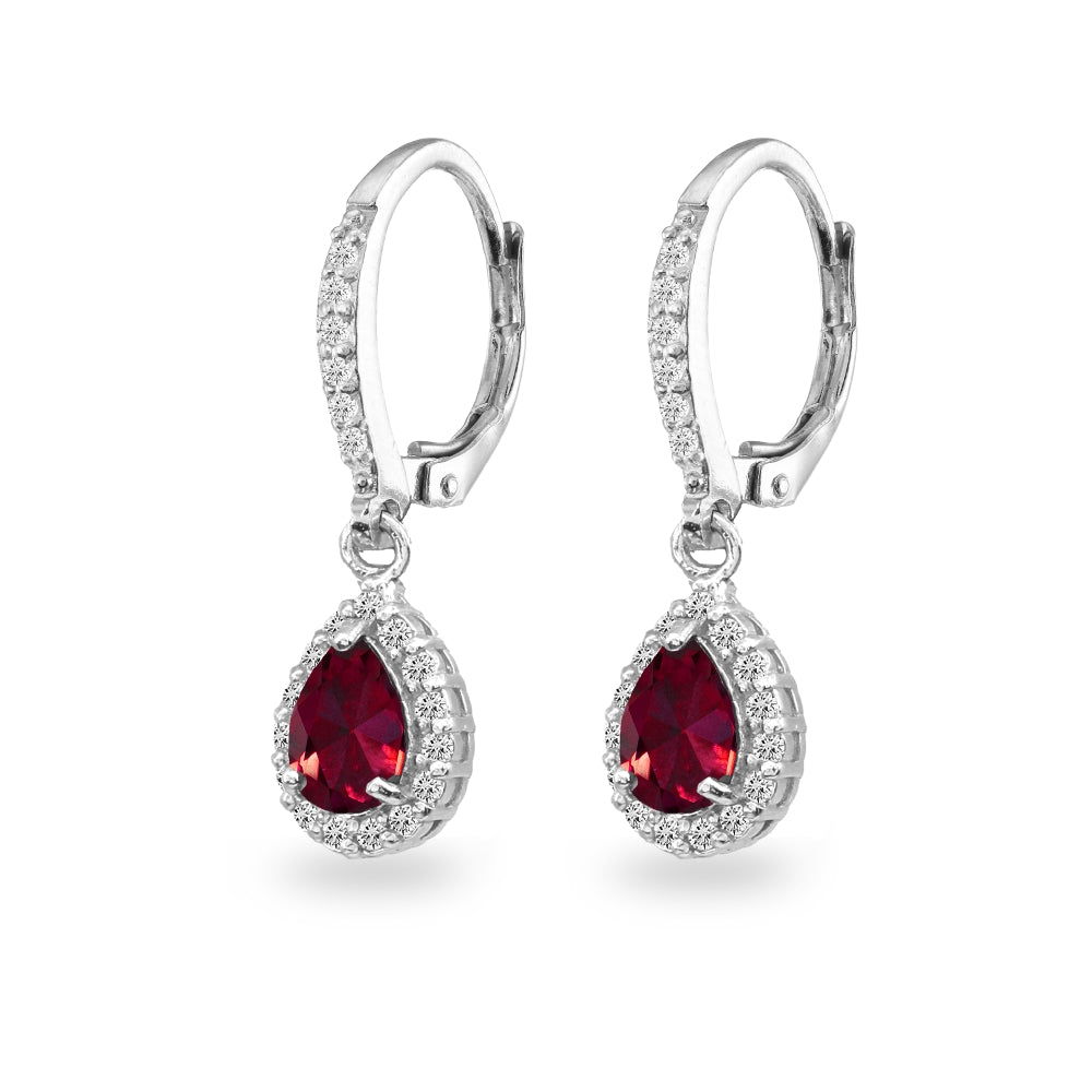 Sterling Silver Created Ruby Teardrop Dangle Halo Leverback Earrings with White Topaz Accents-2