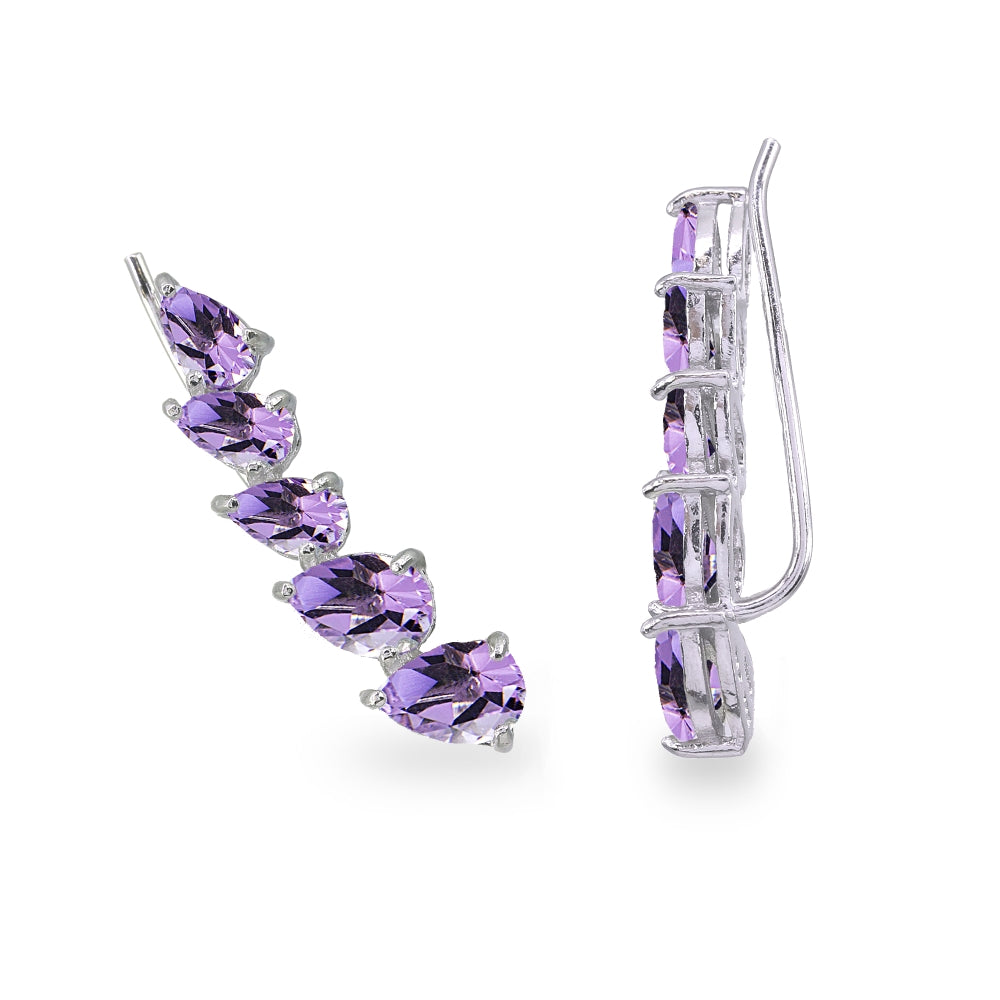 Sterling Silver Amethyst Teardrop Curved Climber Crawler Earrings-3