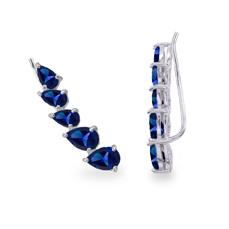 Sterling Silver Created Blue Sapphire Teardrop Curved Climber Crawler Earrings